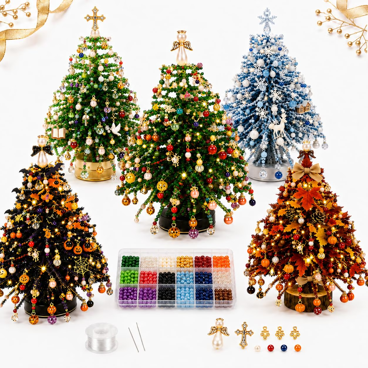 DIY beaded Christmas tree kit — five finished trees with bead tray, thread and charms