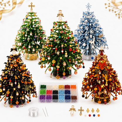 DIY beaded Christmas tree kit — five finished trees with bead tray, thread and charms