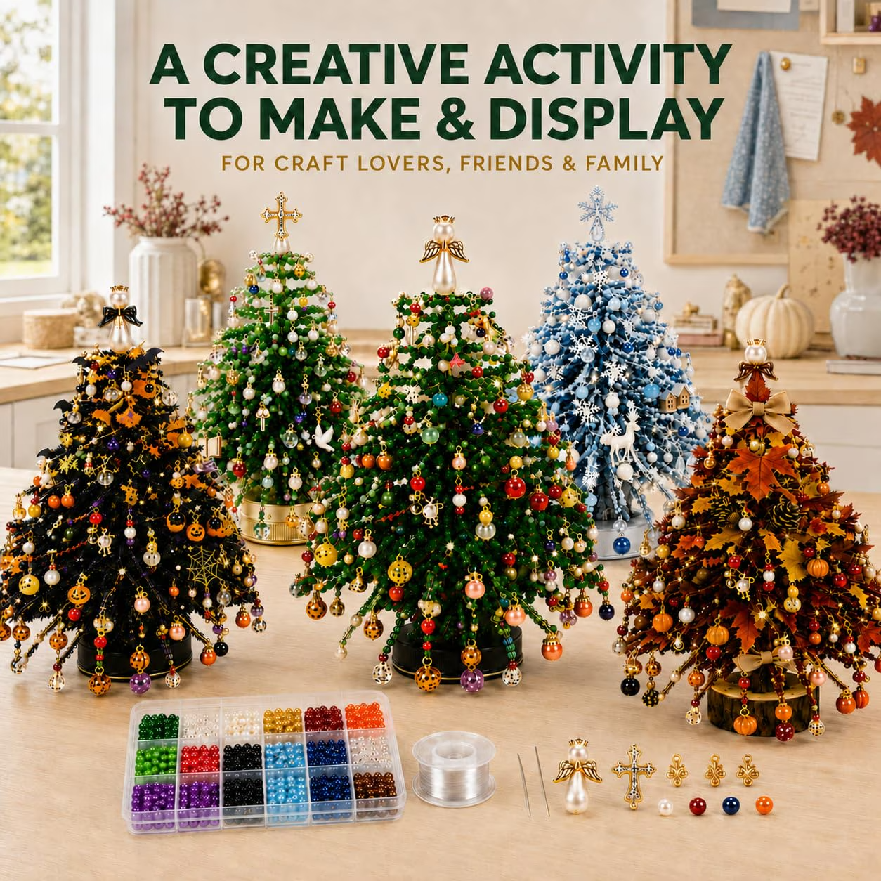 Five finished trees on a kitchen table with the full kit contents laid out
