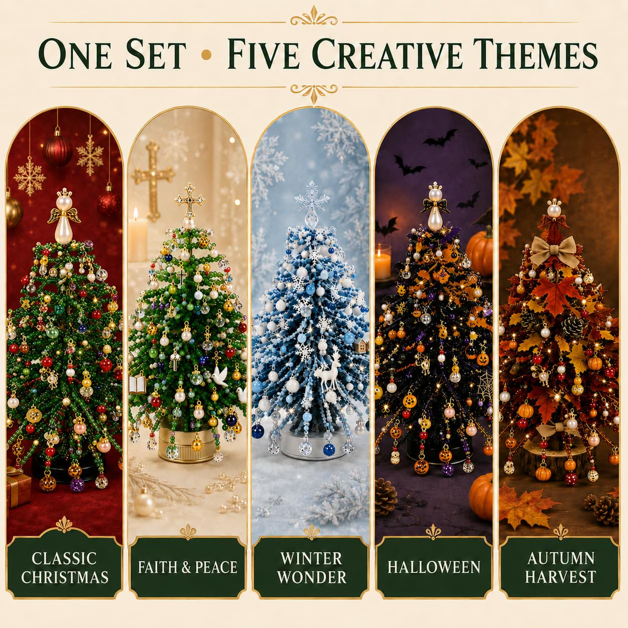 One set, five creative themes — Classic Christmas, Faith and Peace, Winter Wonder, Halloween, Autumn Harvest